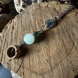 Aventurine, Abalone & Crinoid Fossil (Indian Bead) Wire Wrapped Pendent W/ Chain